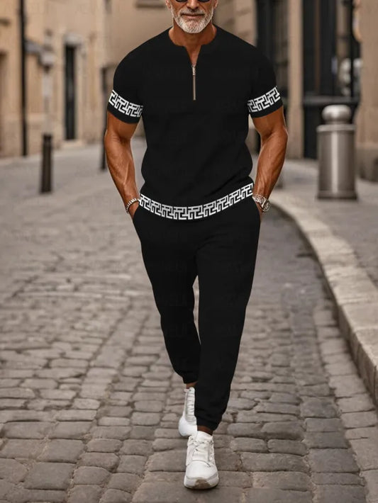 Zipper Short Sleeve Long Pants Two-Piece Set