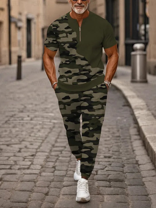 Zipper Short Sleeve Long Pants Two-Piece Set