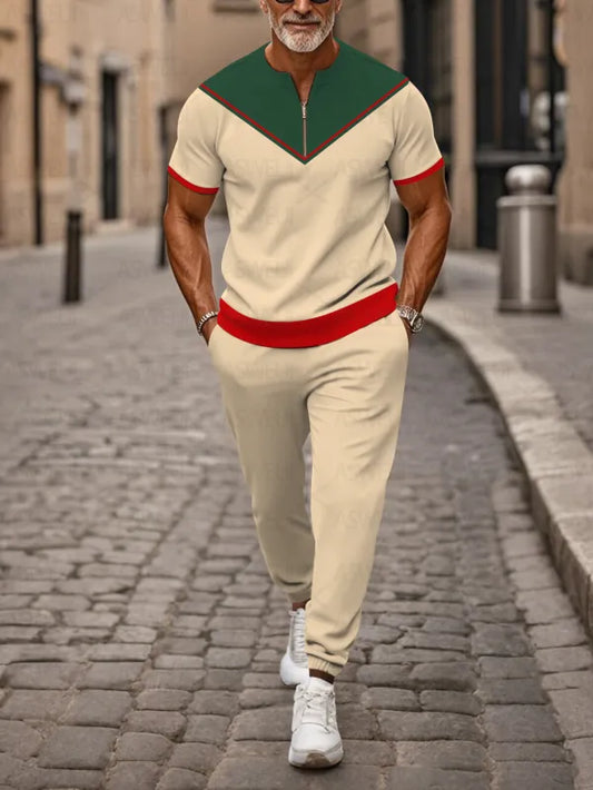 Zipper Short Sleeve Long Pants Two-Piece Set