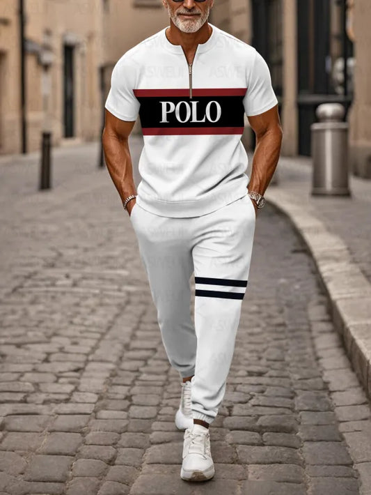 Zipper Short Sleeve Long Pants Two-Piece Set