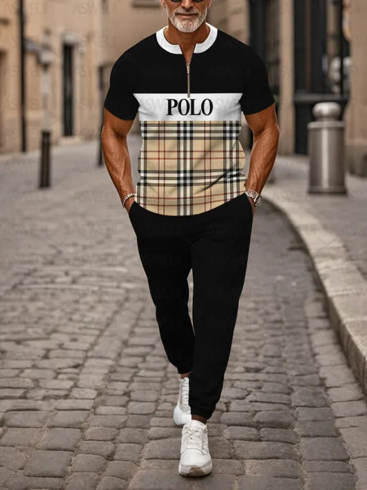 Zipper Short Sleeve Long Pants Two-Piece Set