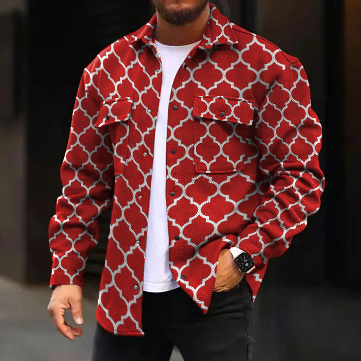 Men's Casual Jacket Red Lantern Pattern Print Long Sleeve Pockets Jacket