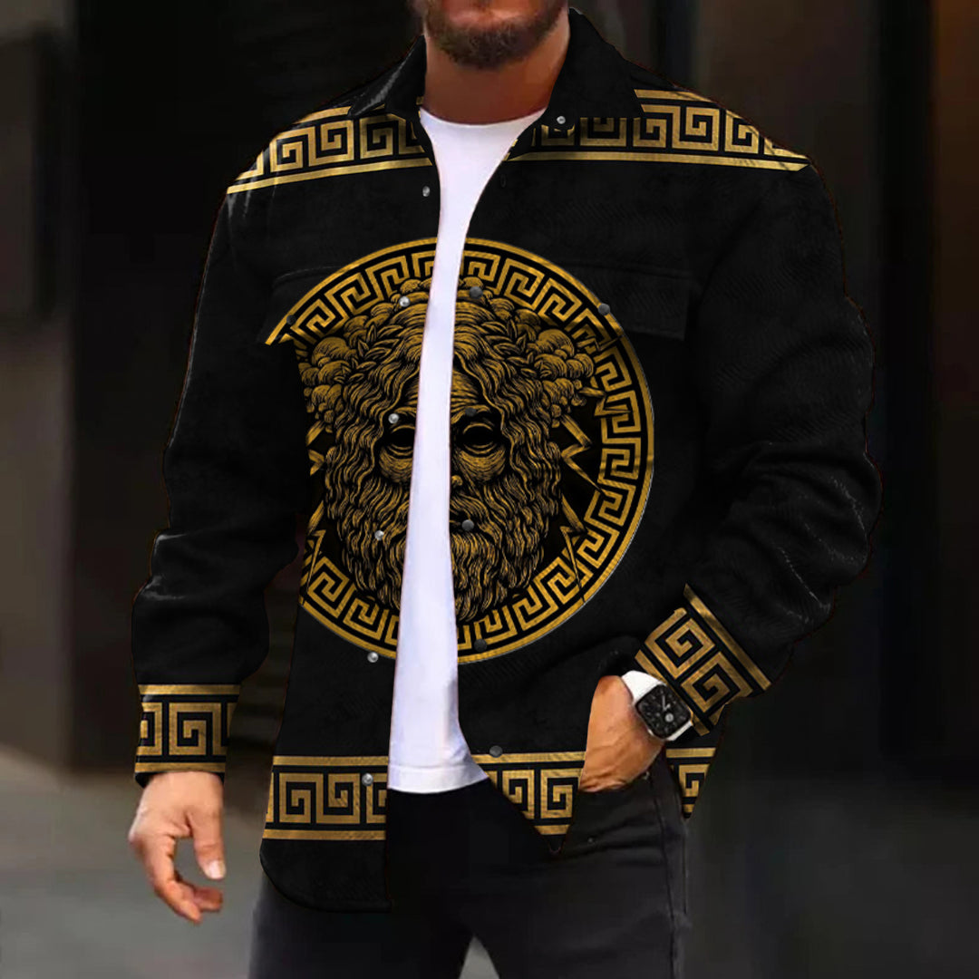 Casual Jacket Stylish Mythological Zeus Pattern Long Sleeve Pockets Corduroy Shirt Jacket - DUVAL
