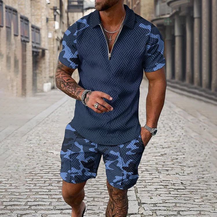 Camouflage Sleeve Polo Shirt And Shorts Co-Ord
