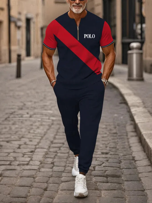 Zipper Short Sleeve Long Pants Two-Piece Set