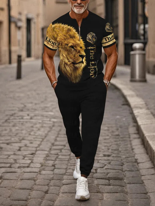 Zipper Short Sleeve Long Pants Two-Piece Set