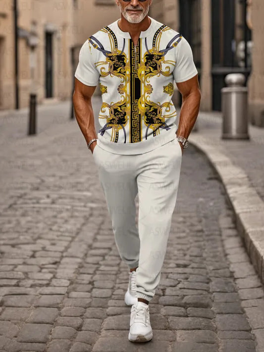 Zipper Short Sleeve Long Pants Two-Piece Set