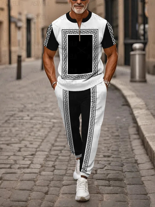 Zipper Short Sleeve Long Pants Two-Piece Set