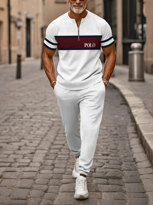 Zipper Short Sleeve Long Pants Two-Piece Set