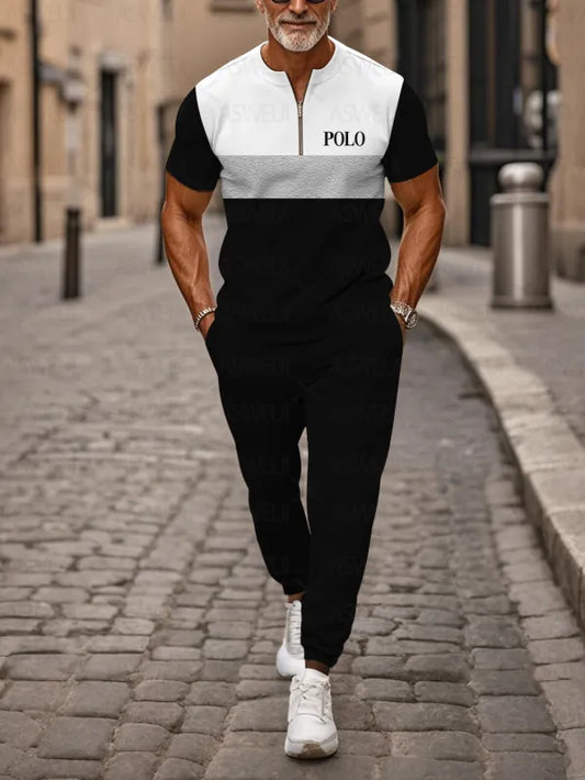 Zipper Short Sleeve Long Pants Two-Piece Set