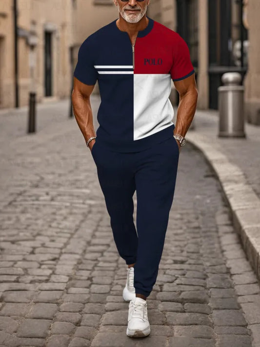 Zipper Short Sleeve Long Pants Two-Piece Set