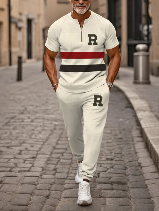 Zipper Short Sleeve Long Pants Two-Piece Set