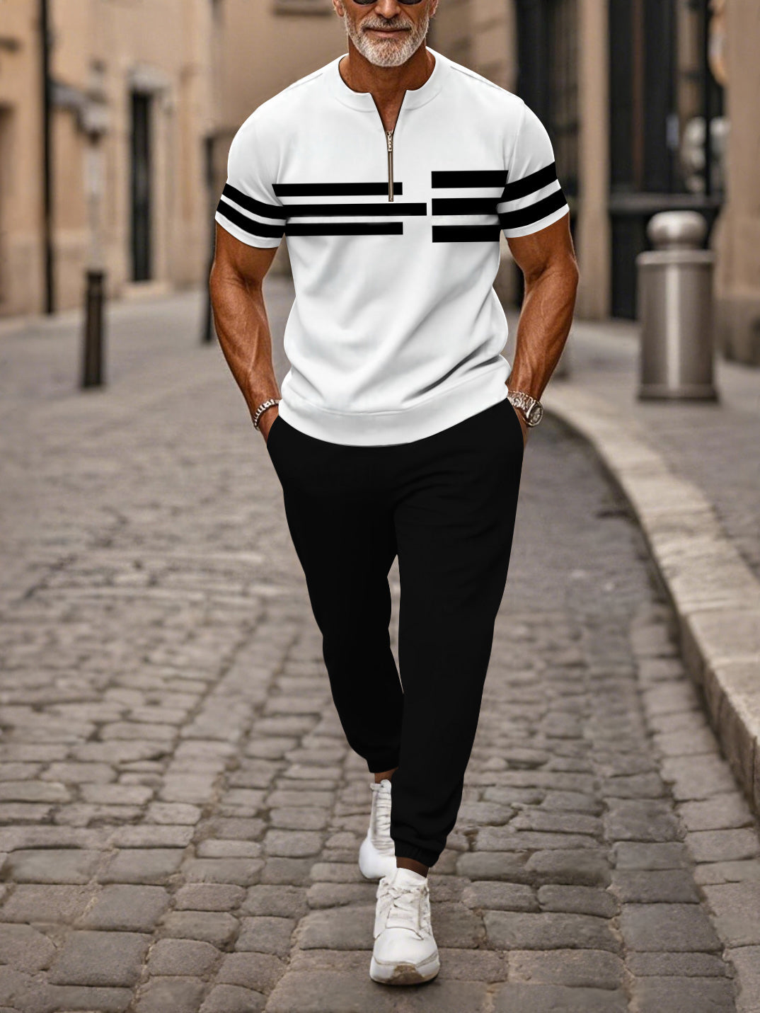 Zipper Short Sleeve Long Pants Two-Piece Set - DUVAL