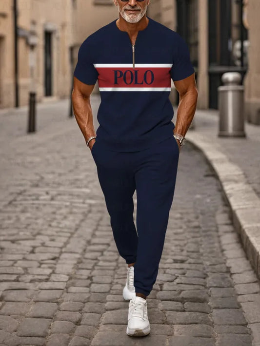 Zipper Short Sleeve Long Pants Two-Piece Set