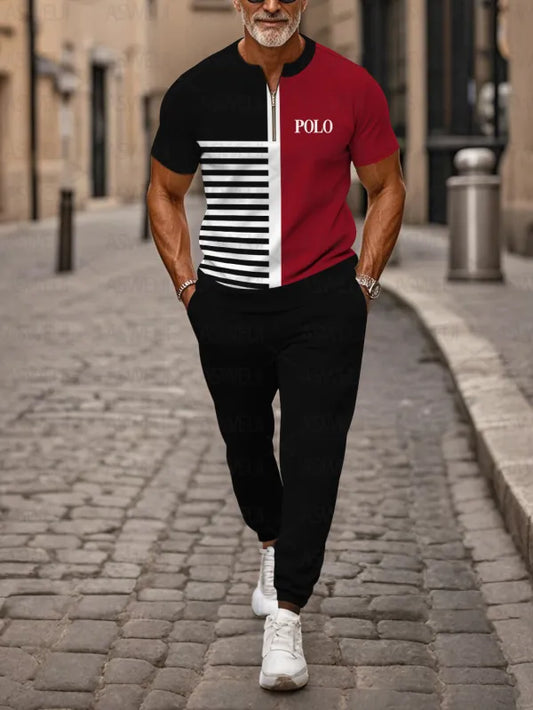 Zipper Short Sleeve Long Pants Two-Piece Set