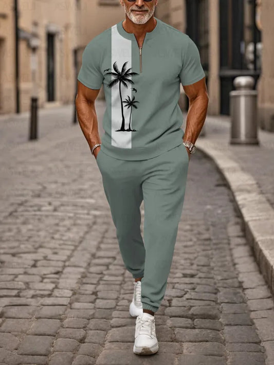 Zipper Short Sleeve Long Pants Two-Piece Set