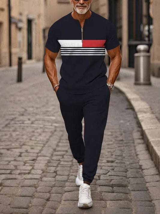 Zipper Short Sleeve Long Pants Two-Piece Set