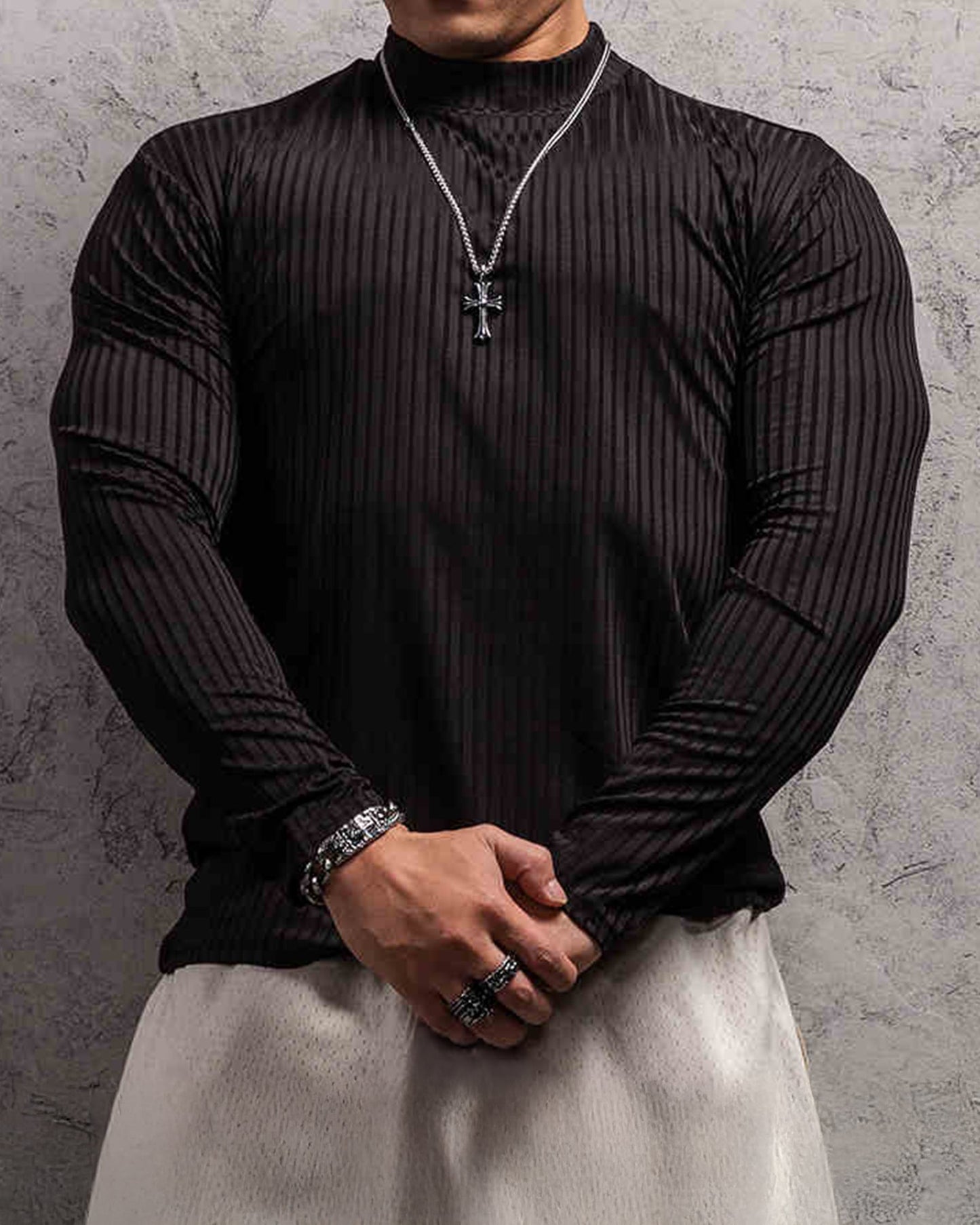 Stretch Rib Jersey Mockneck Long Sleeves T-shirt