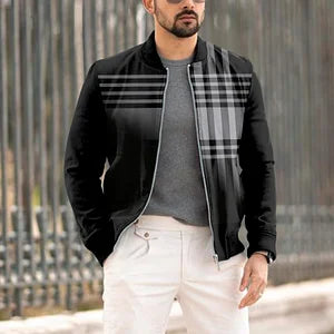 Round Neck Simple Plaid Zip-Up Jacket - DUVAL