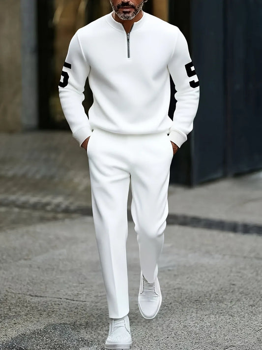 Polo-Collar Neck Zipper Long Sleeved Trousers Two-Piece Set - DUVAL