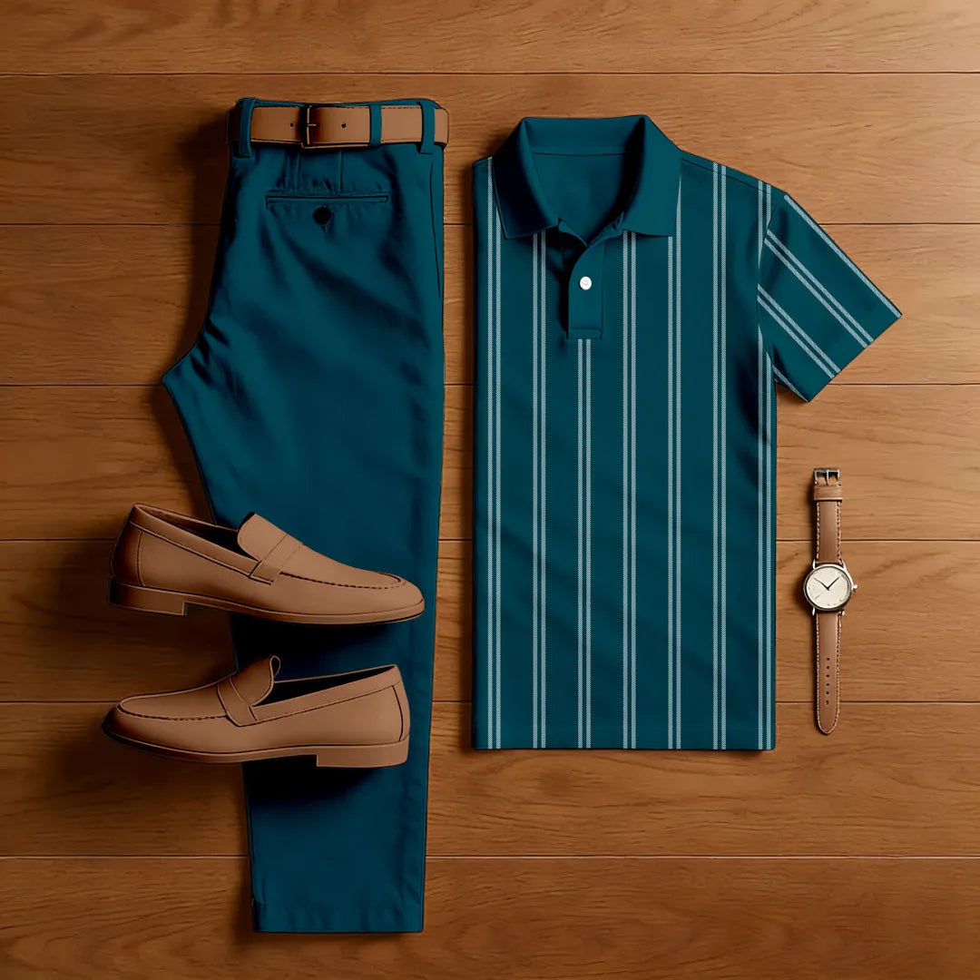 Polo-Collar Short Sleeved Trousers Two-Piece Set - DUVAL