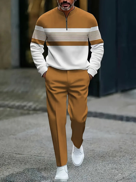 Neck Zipper Long Sleeved Trousers Two-Piece Set