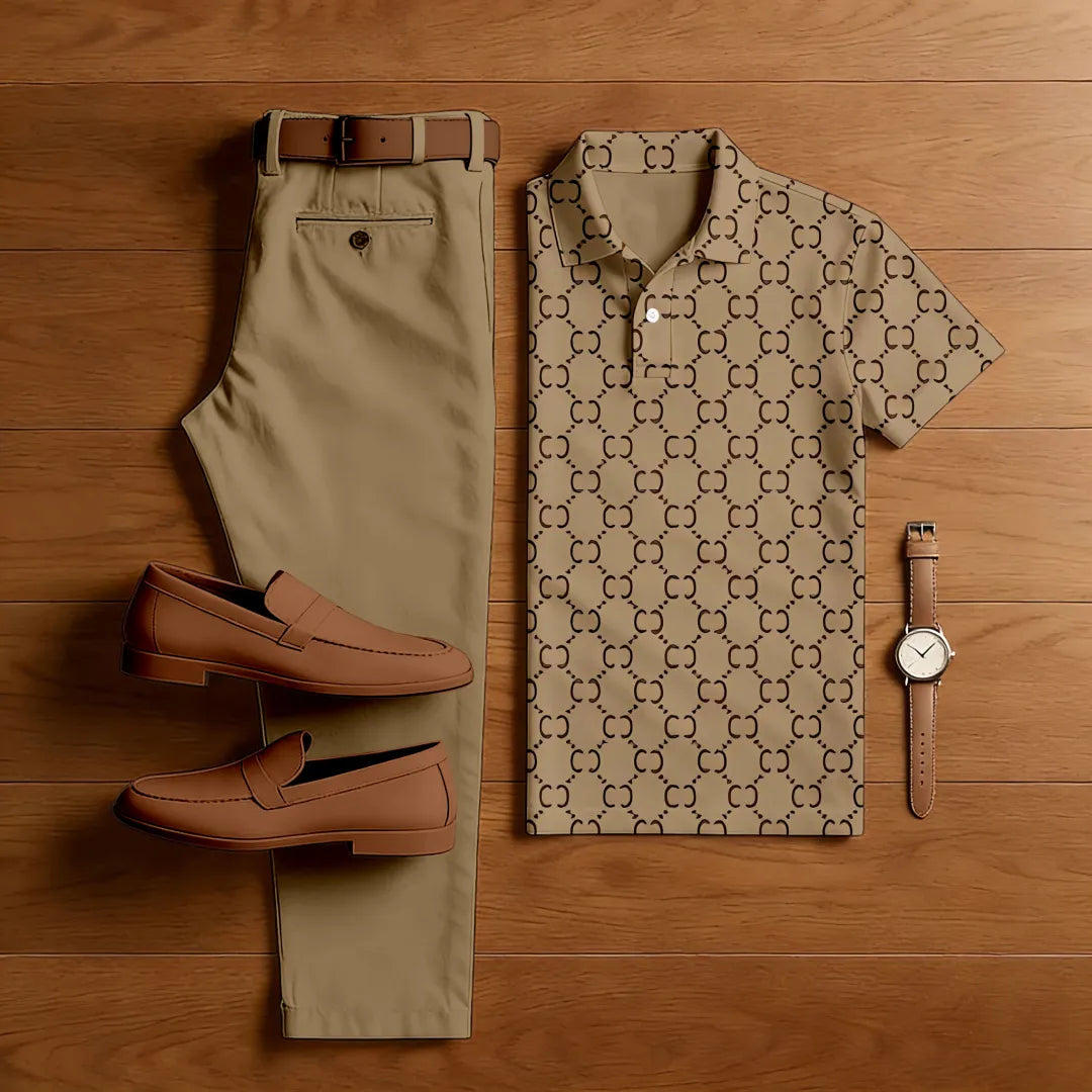 Polo-Collar Short Sleeved Trousers Two-Piece Set - DUVAL