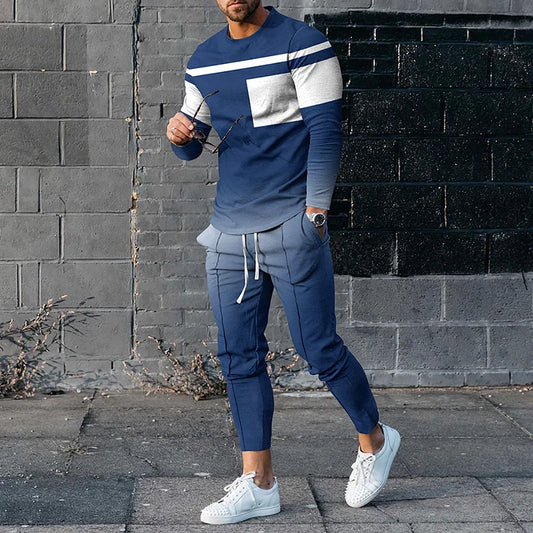 Blue Geometry T-Shirt And Pants Two Piece Set