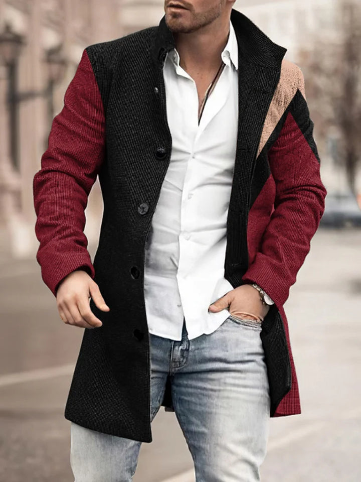 Stylish Color Block Geometric Print Coat - DUVAL