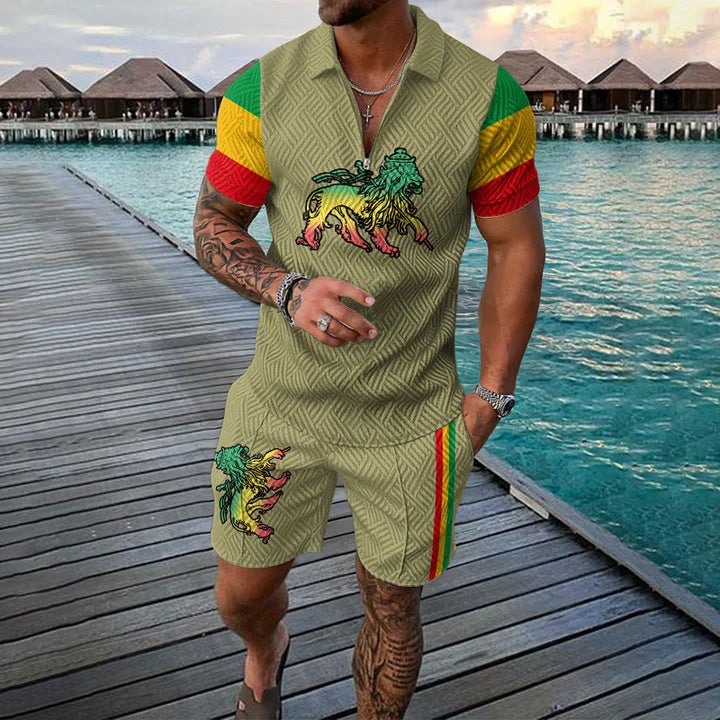 Juneteenth Colors Rasta Lion Polo Shirt And Shorts Co-Ord