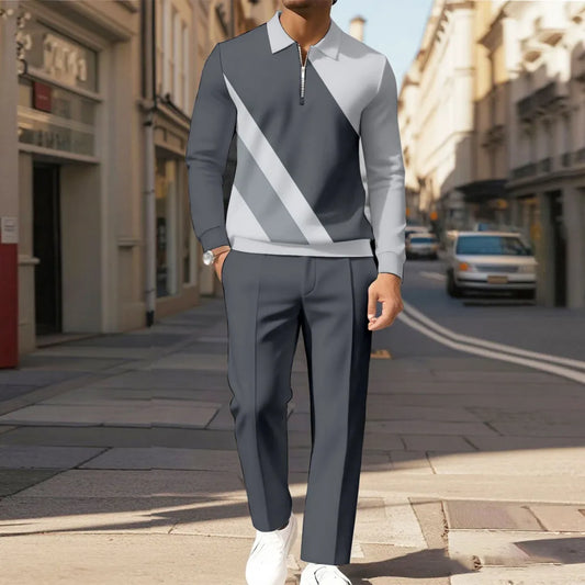 Zipper Long Sleeve Polo Long Pants Two-Piece Set