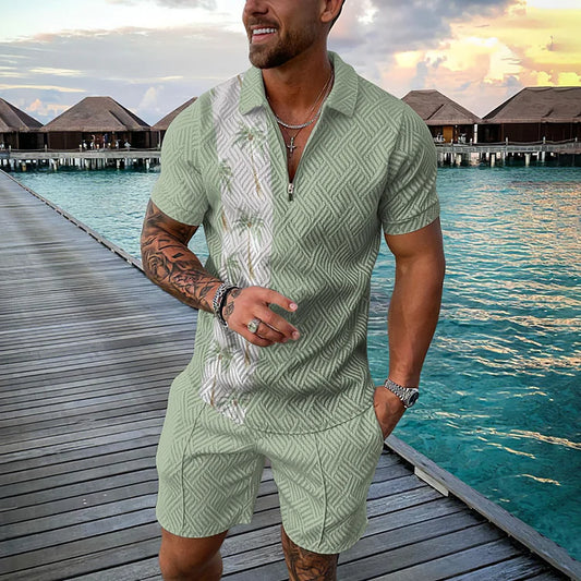 Green Coconut Tree Polo Shirt And Shorts Co-Ord