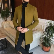 Solid Color Business Standing Collar Mid Length Coat