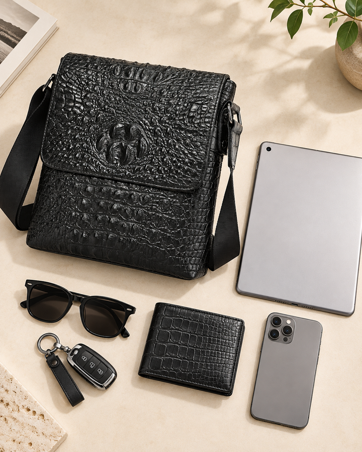 The Zurich 28 — Crocodile Crossbody Bag | Black