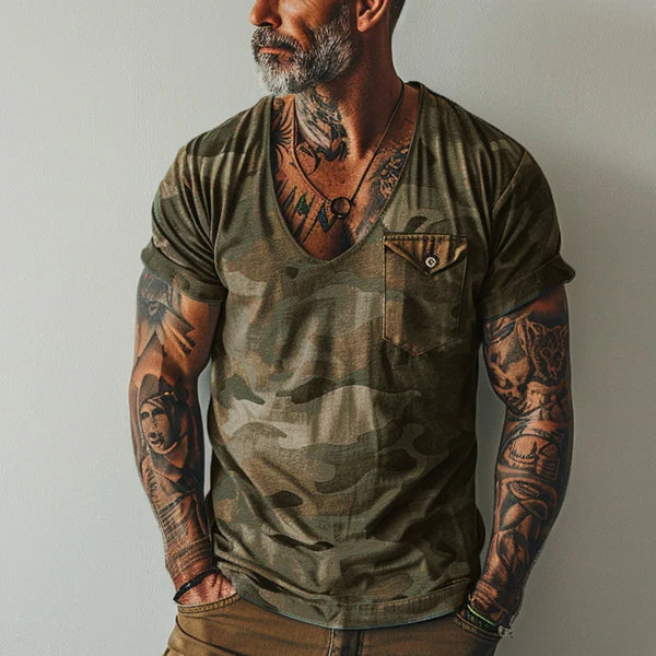 Vintage Camo Print V-Neck Chest Pocket Short Sleeve T-Shirt