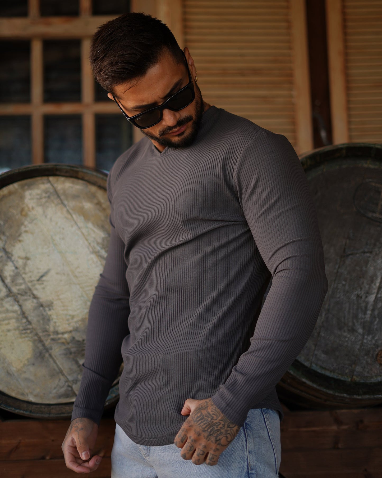 Muscle Fit V-Neck Long Sleeve Cotton Rib Knit T-Shirt