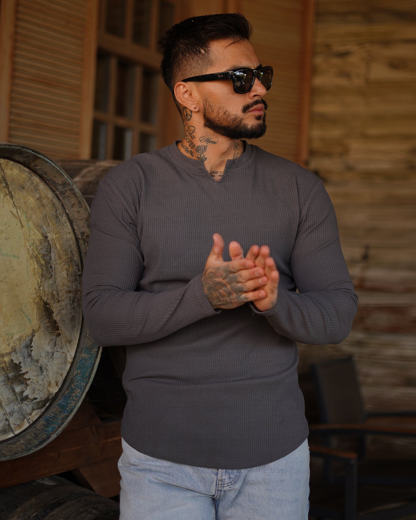 Muscle Fit V-Neck Long Sleeve Cotton Rib Knit T-Shirt