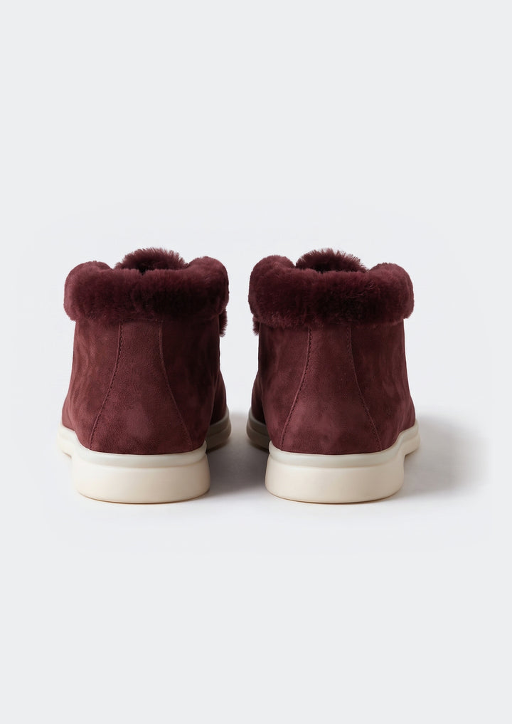 Courchevel Shearling Loafers - Burgundy, back view of the heels and shearling cuff