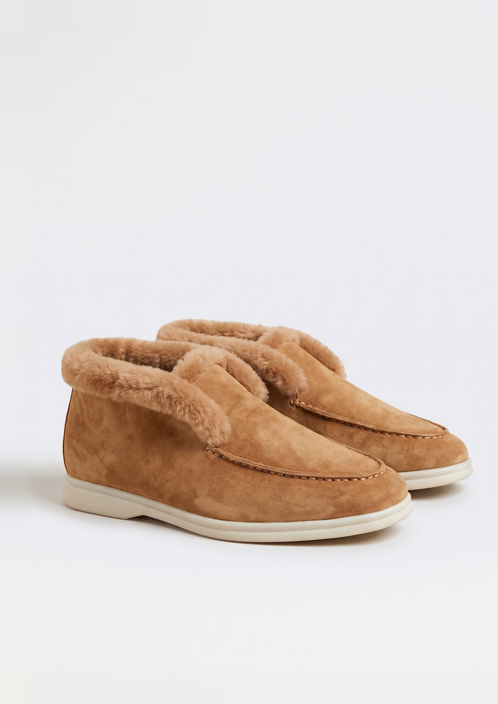 Courchevel Shearling Loafers in Camel, pair on a light grey studio background