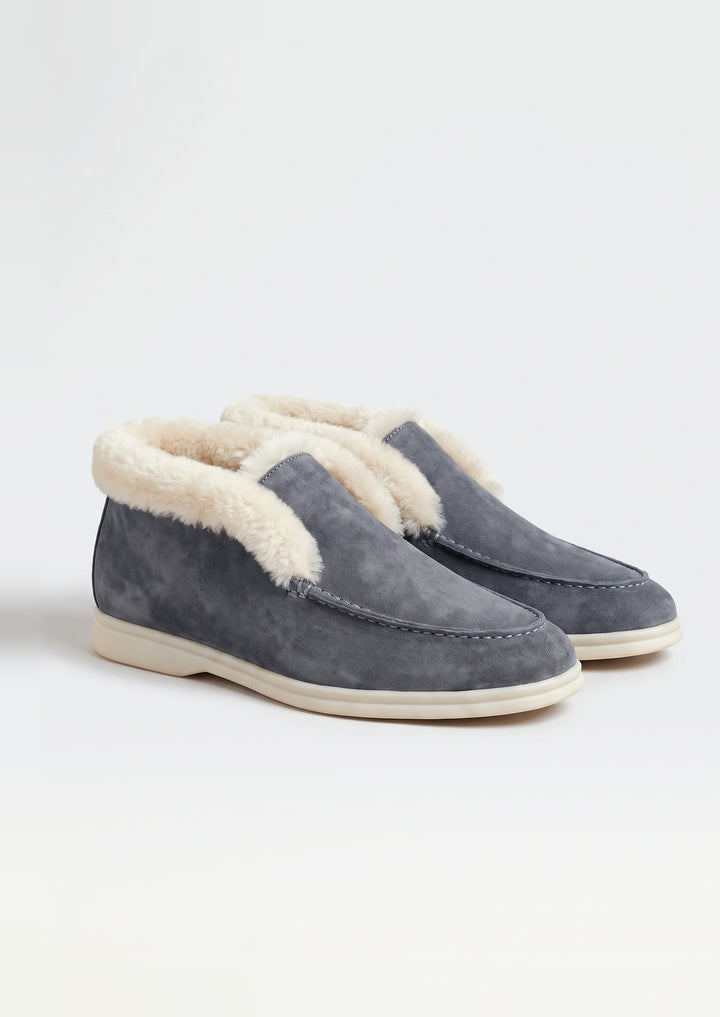 Courchevel Shearling Loafers in Charcoal, pair on a light grey studio background