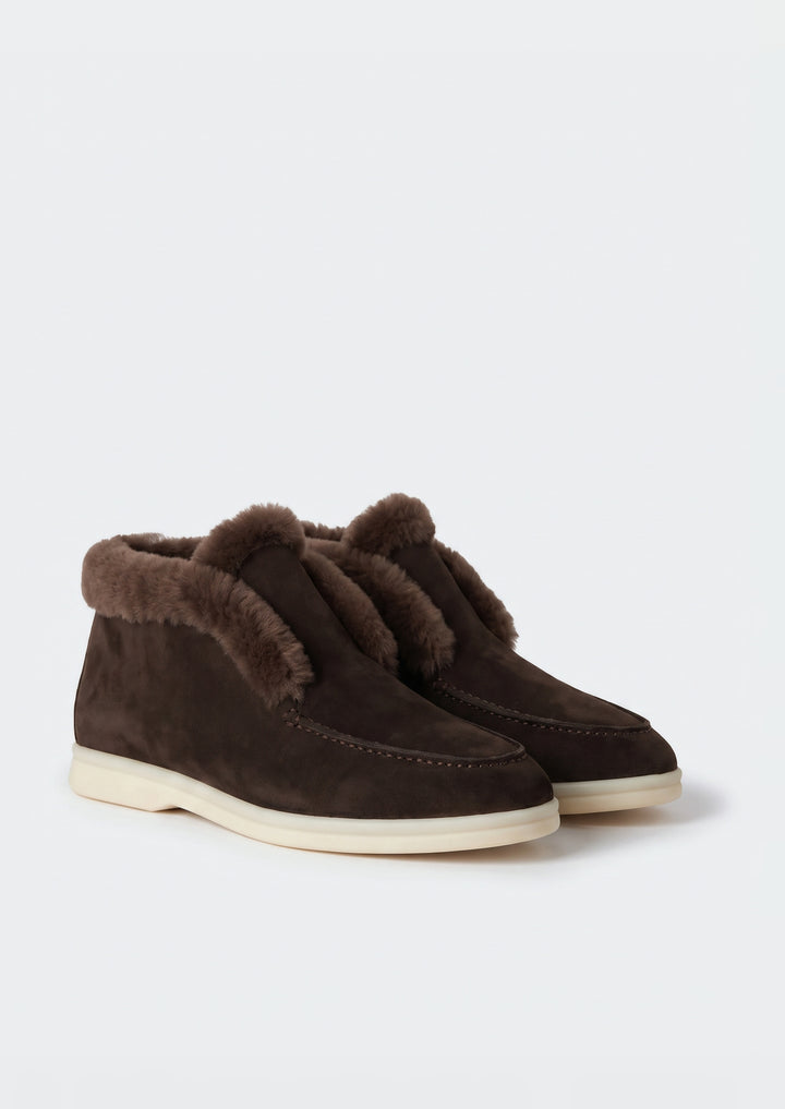 Courchevel Shearling Loafers in Chocolate, pair on a light grey studio background