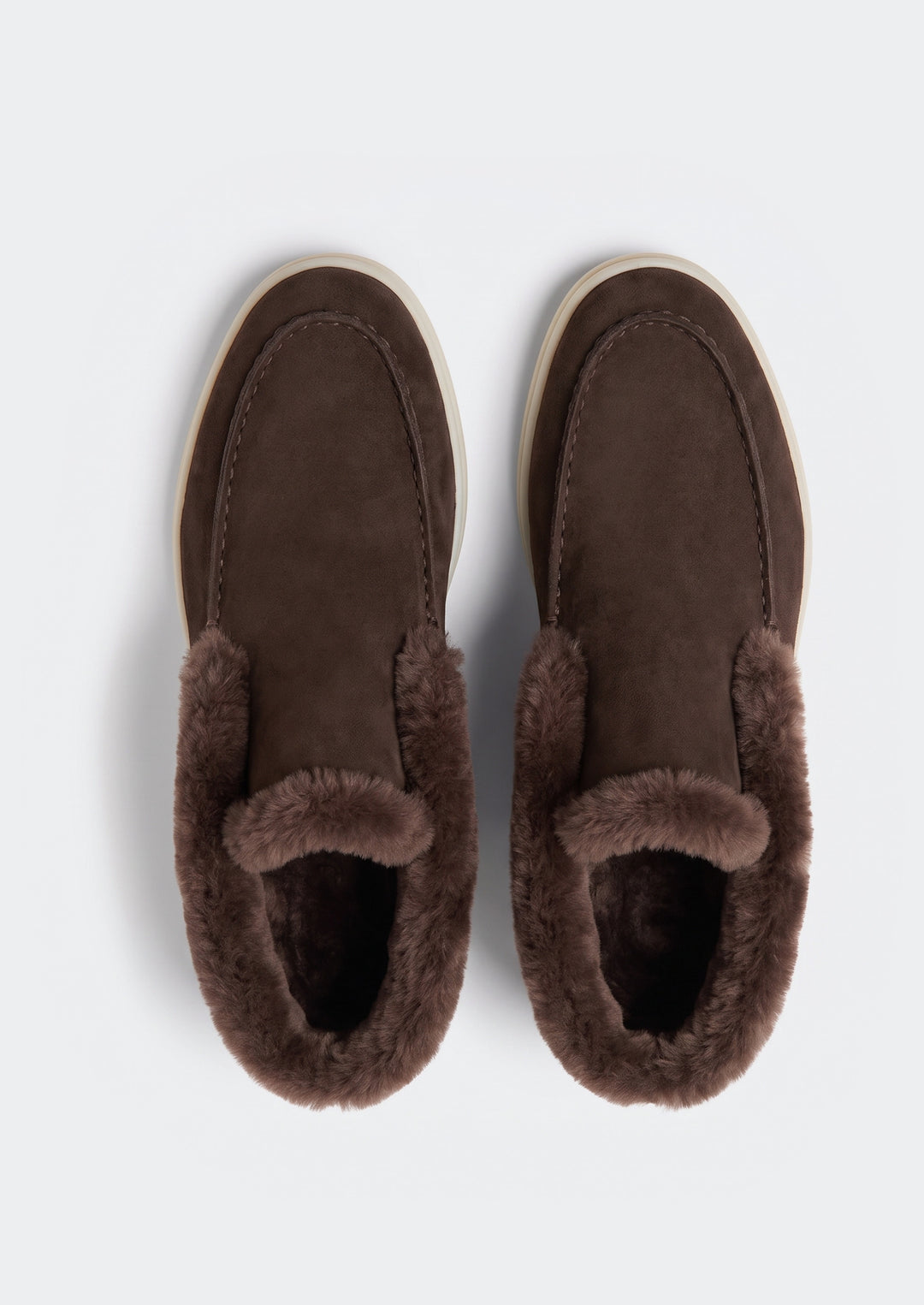 Courchevel Shearling Loafers - Chocolate, top view showing the shearling lining