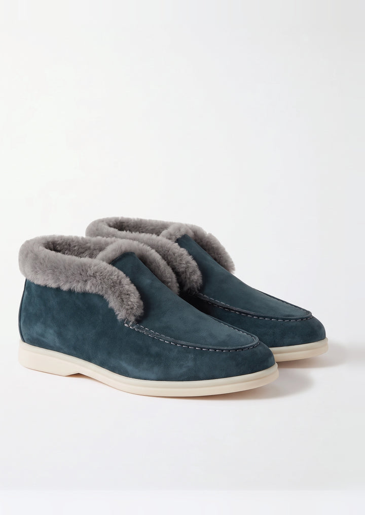 Courchevel Shearling Loafers in Petrol, pair on a light grey studio background