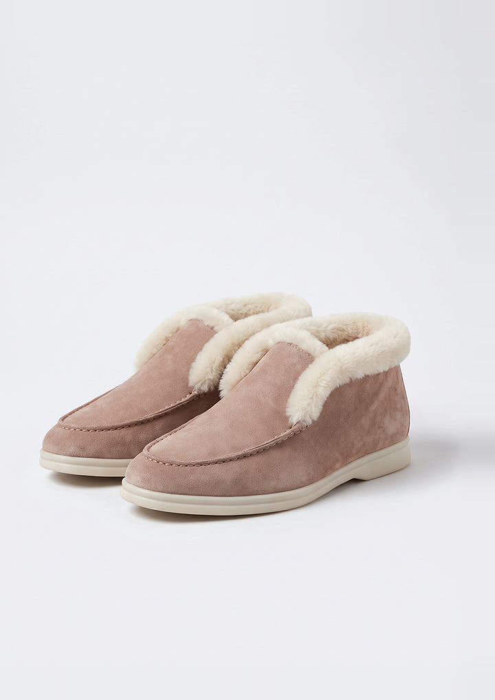 Courchevel Shearling Loafers in Rose Taupe, pair on a light grey studio background