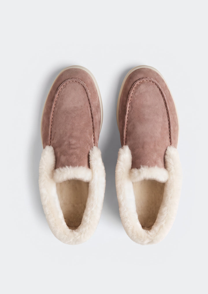 Courchevel Shearling Loafers - Rose Taupe, top view showing the shearling lining