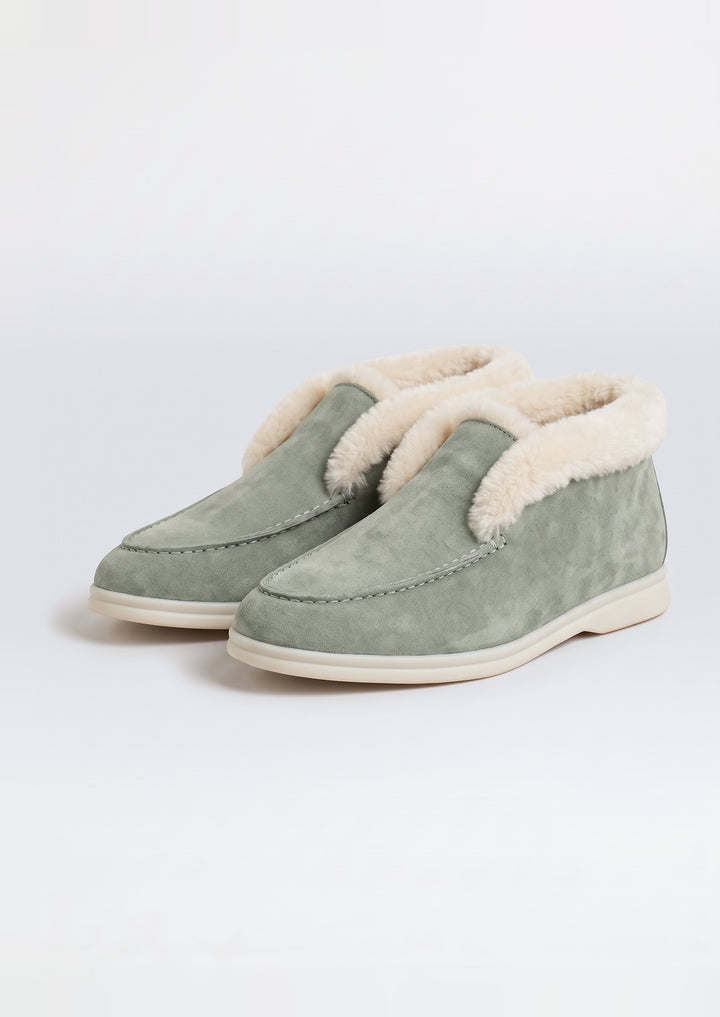 Courchevel Shearling Loafers in Sage, pair on a light grey studio background