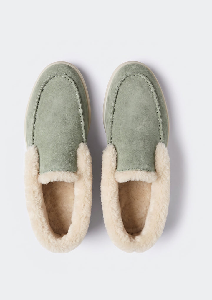 Courchevel Shearling Loafers - Sage, top view showing the shearling lining