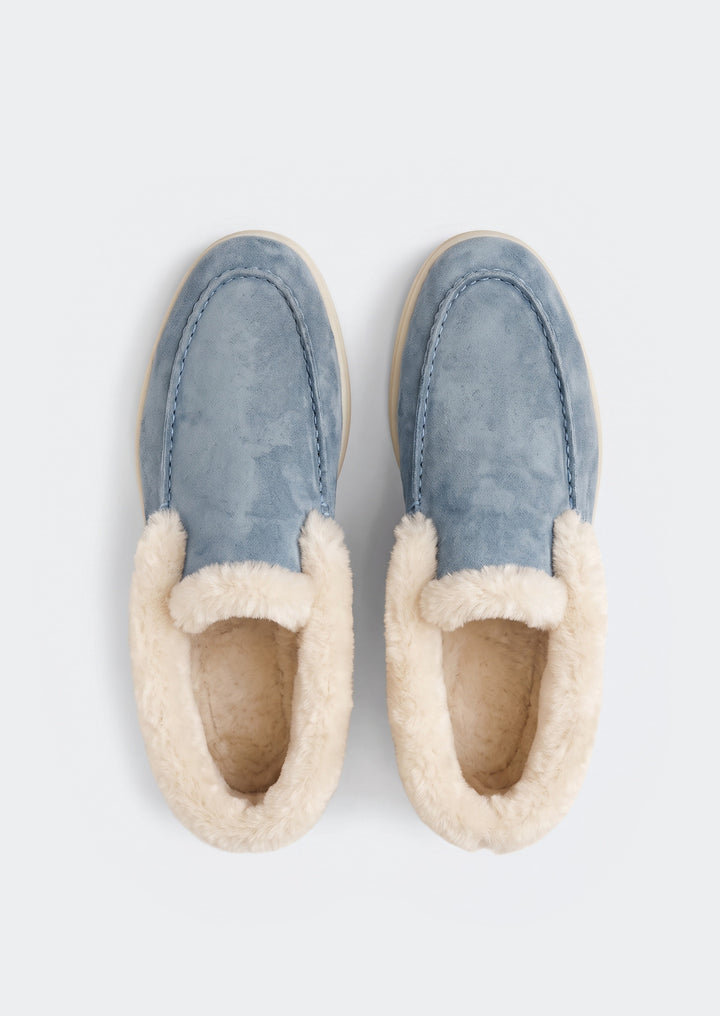Courchevel Shearling Loafers - Sky Blue, top view showing the shearling lining