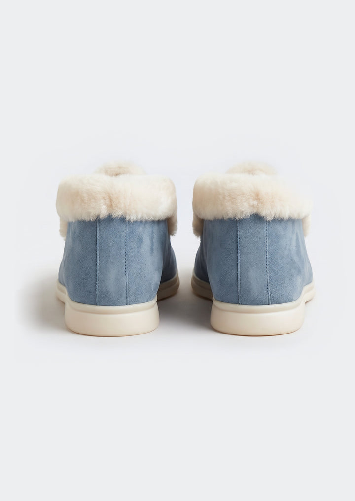 Courchevel Shearling Loafers - Sky Blue, back view of the heels and shearling cuff