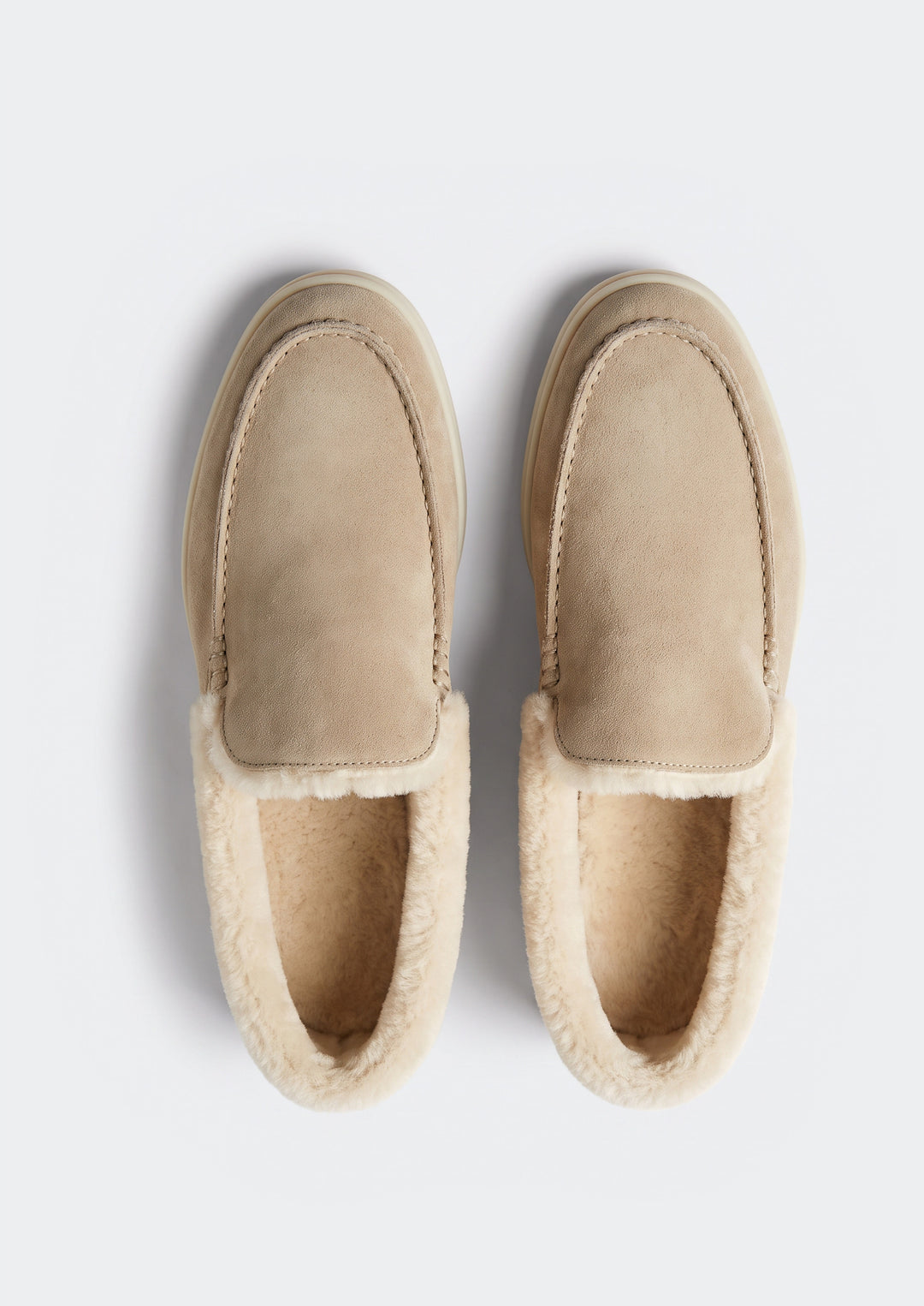 Courchevel Shearling Loafers - Stone, top view showing the shearling lining